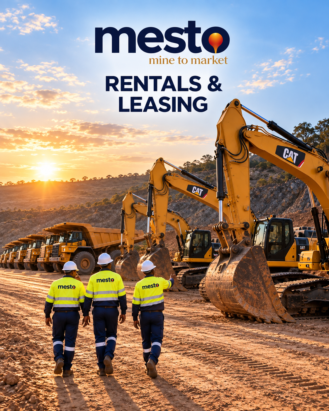 Mesto rentals and leasing — excavator fleet at sunrise