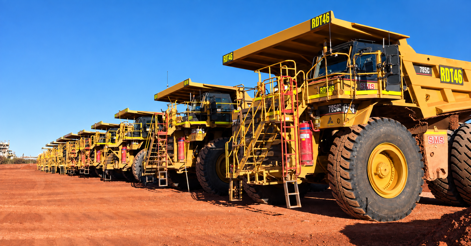 Fleet of haul trucks lined up on a mine site