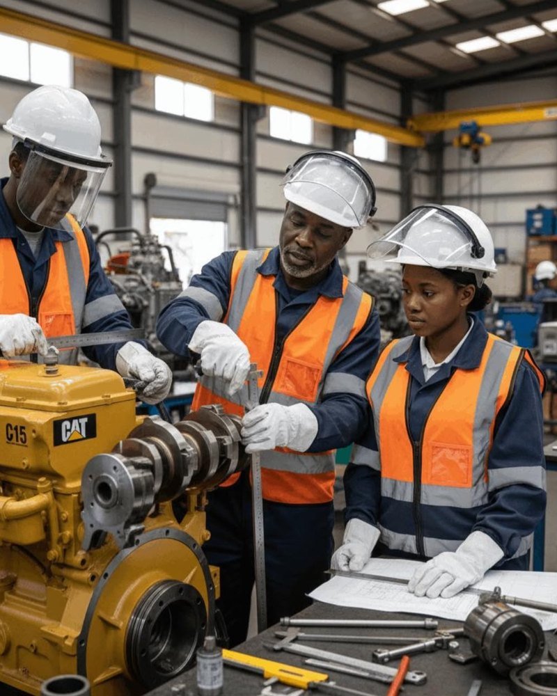Technicians inspecting an engine crankshaft in the Mesto workshop